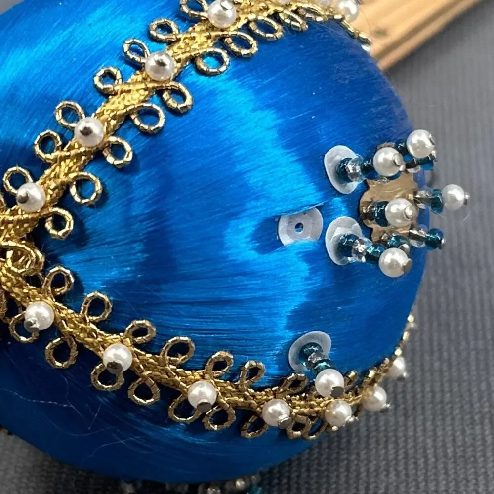 4 VTG Handmade Push Pin Satin Ball Ornament Bead Sequin Christmas ribbon Kitschy